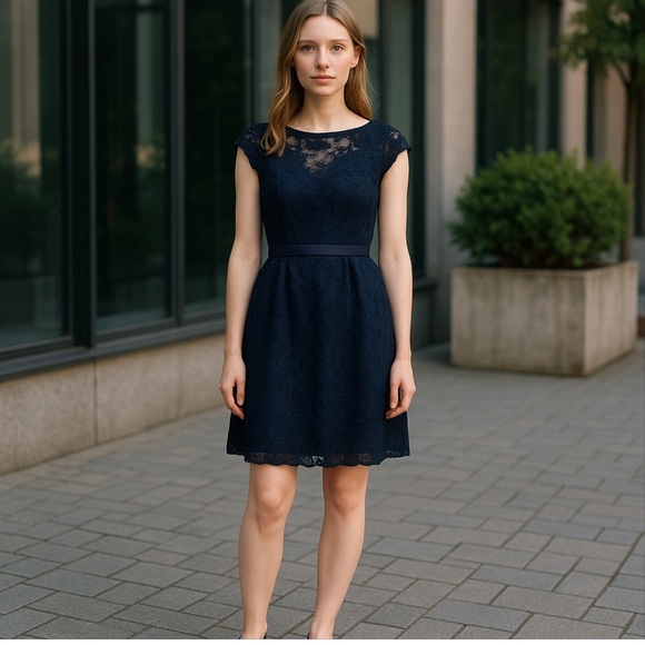 Morilee Madeline Gardner Navy Lace A-Line Cocktail Dress Sz 10 Sleeveless Formal - Picture 3 of 4